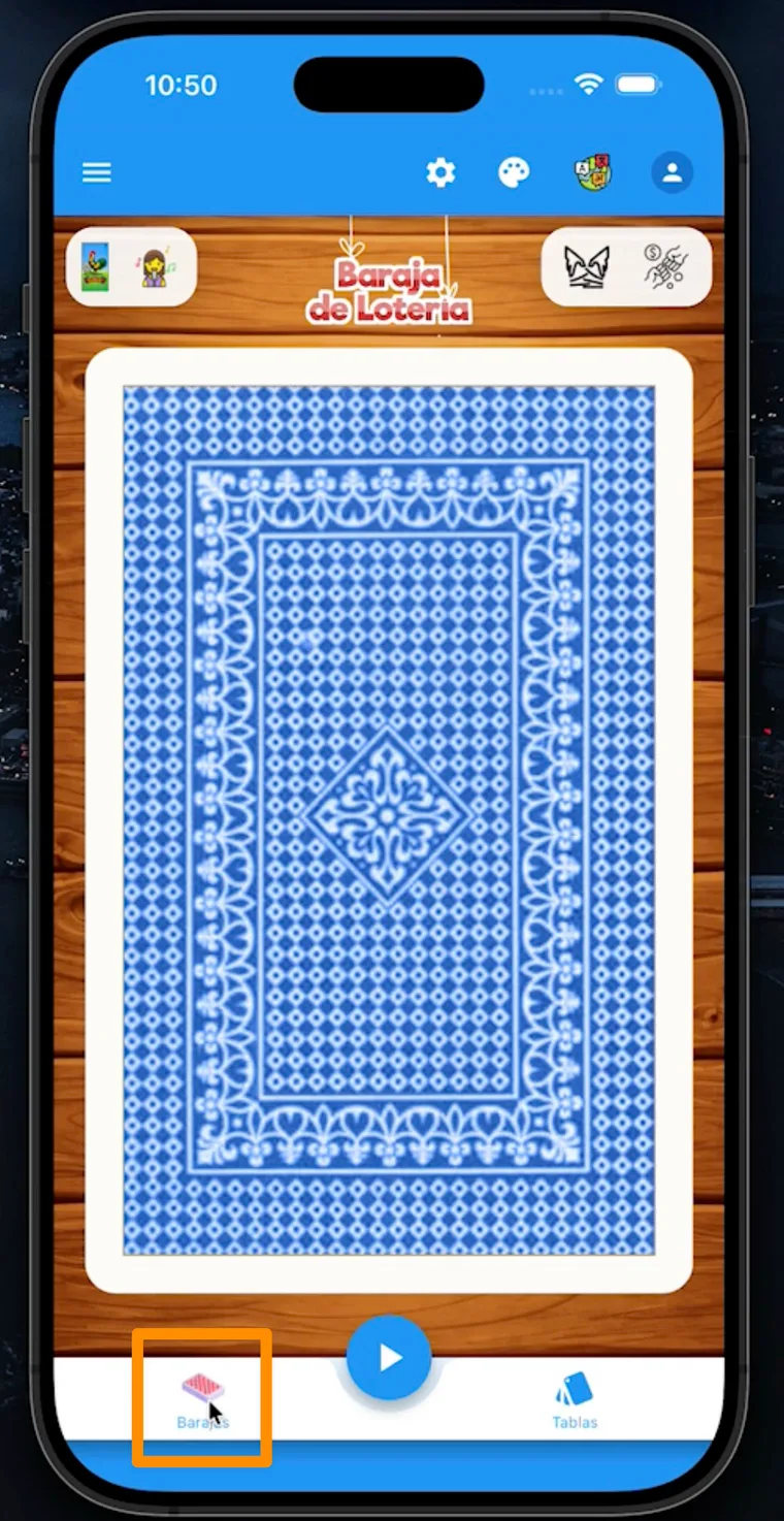 App de lotería mexicana mostrando el ícono de Barajas en la barra inferior
