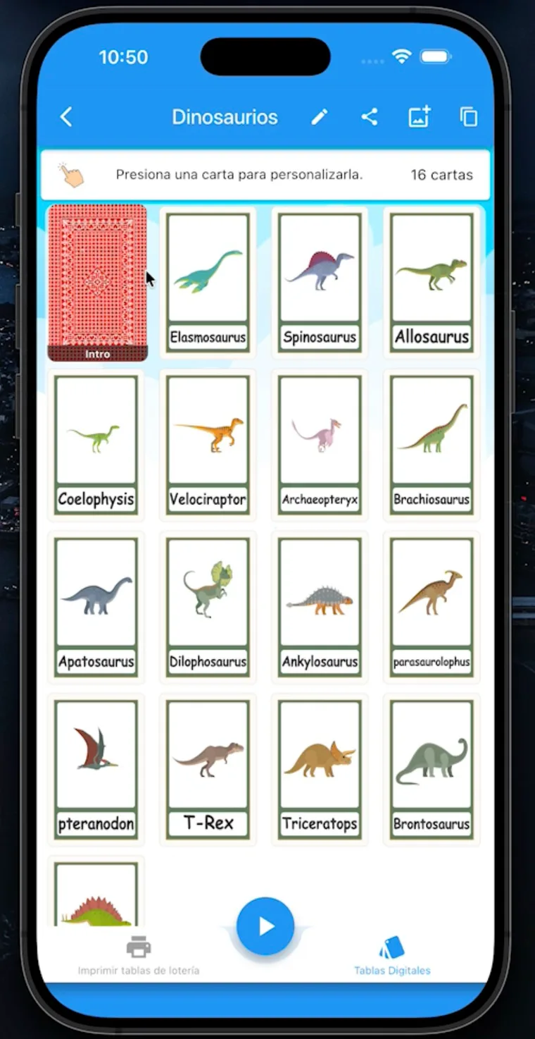 Baraja personalizada creada en la app con opciones para jugar, editar y generar tablas