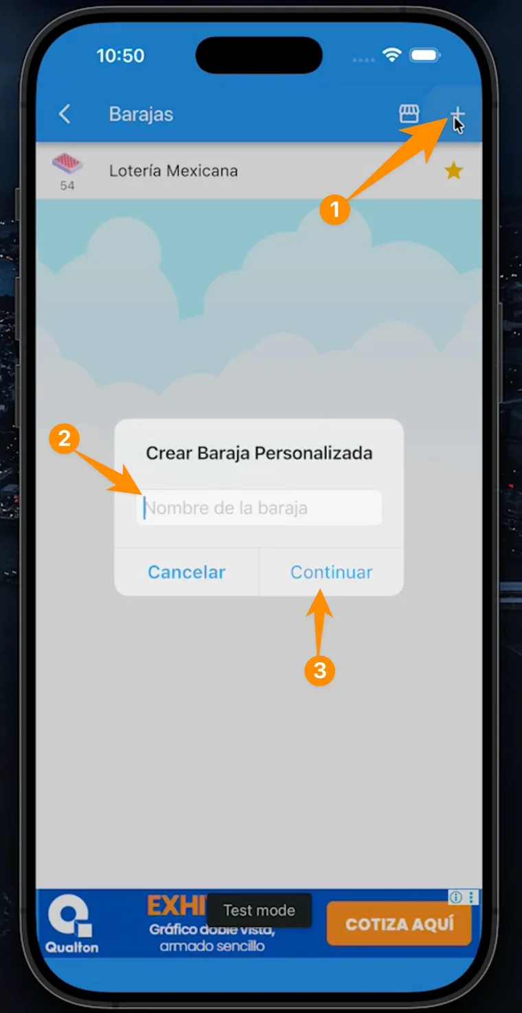 Pantalla para crear una nueva baraja personalizada con nombre y botón Continuar