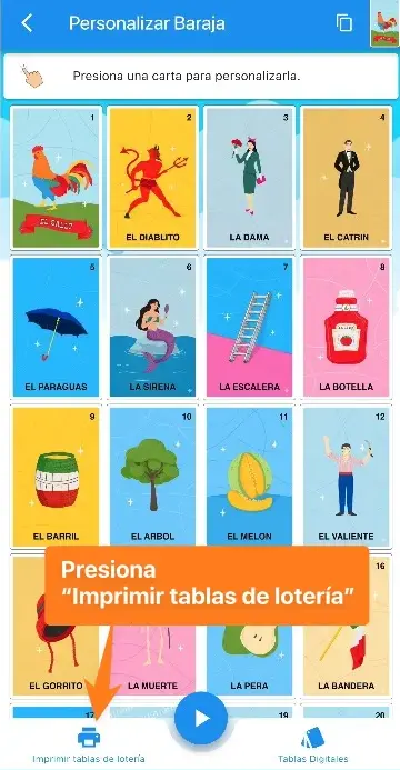 Botón Imprimir tablas de lotería en la pantalla de la baraja dentro de la app