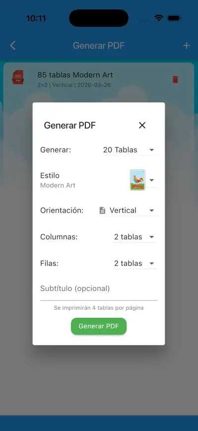 Configuración del PDF: número de tablas de lotería, orientación, columnas y filas por página