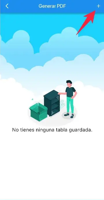 Pantalla para crear nuevo PDF de tablas de lotería, botón + en esquina superior derecha