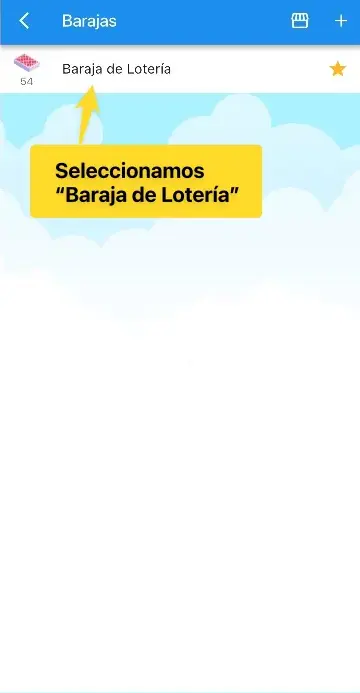 Listado de barajas en la app, seleccionando Baraja de Lotería clásica de 54 cartas