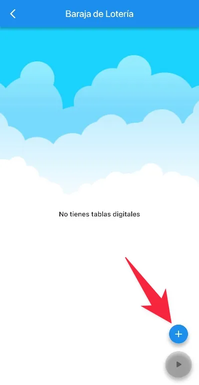 Pantalla sin tablas digitales con botón + para crear nueva tabla de lotería