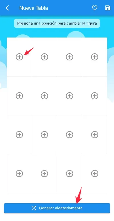 Editor de nueva tabla digital con cuadrícula vacía y botón Generar aleatoriamente