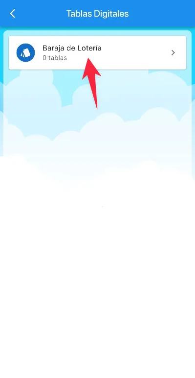Pantalla Tablas Digitales con la opción Baraja de Lotería seleccionada